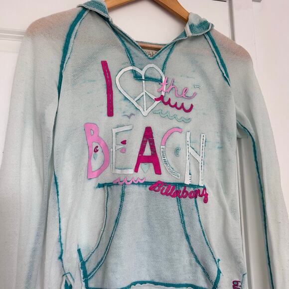 Billabong Pullover Graphic Hoodie Sweatshirt Women's Large Blue Pink Heart Y2K - Picture 2 of 10
